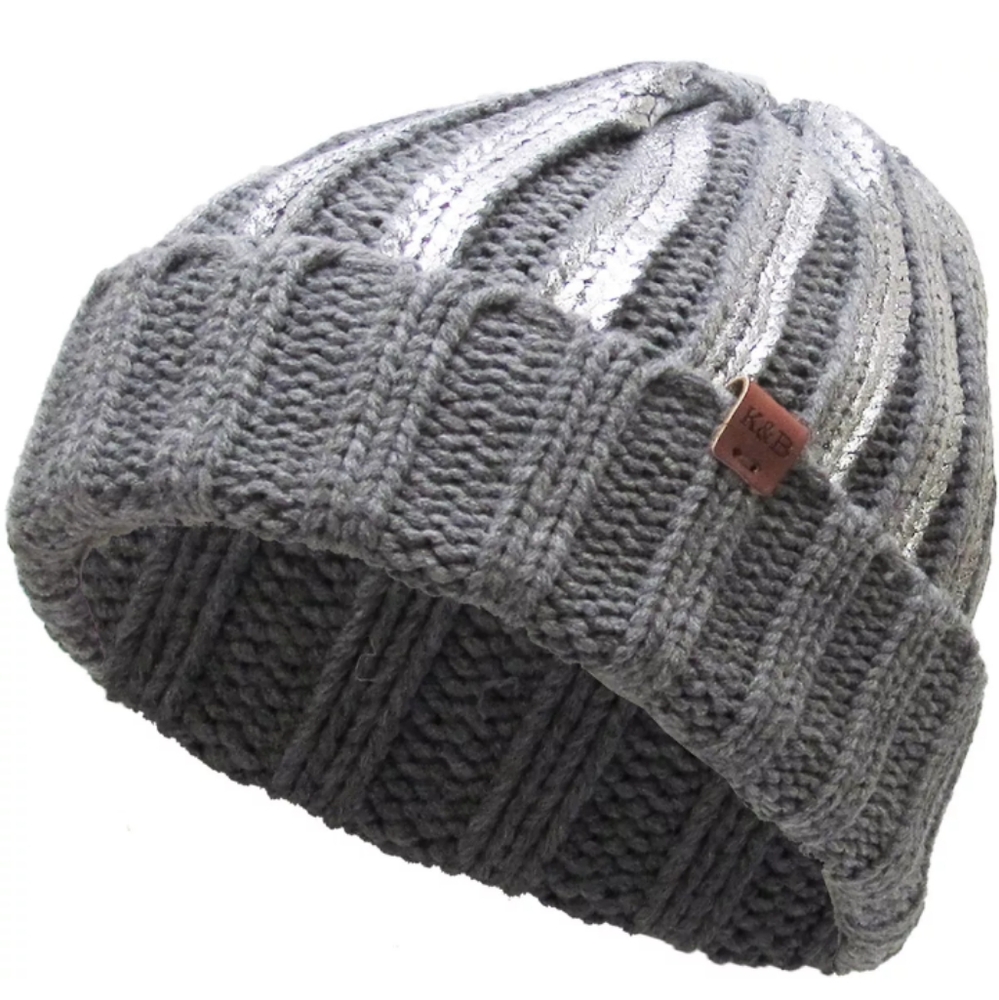 K&B Metallic Silver Ribbed Cuffed Knit Beanie Skull Cap Hat